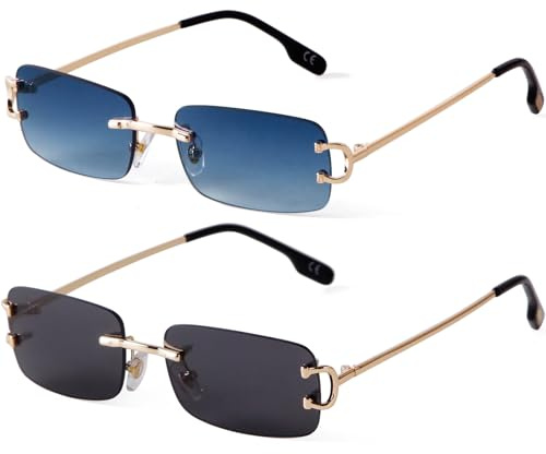 Laurinny Herren Rahmenlose Sonnenbrille Rechteckig Randlos Retro Metall | Gold, Blau, Braun, Für Männer und Frauen