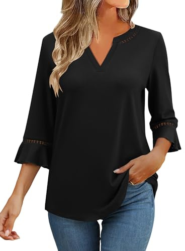 Kistore Tunic Tops for Women UK Summer V Neck 3/4 Sleeve T Shirts Black L