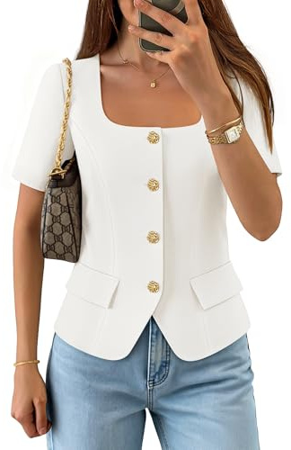 ZESICA Women's Trendy Vests Top 2026 Spring Summer Square Neck Short Sleeve Blazer Suit Button Down Business Casual Blouse, White, M