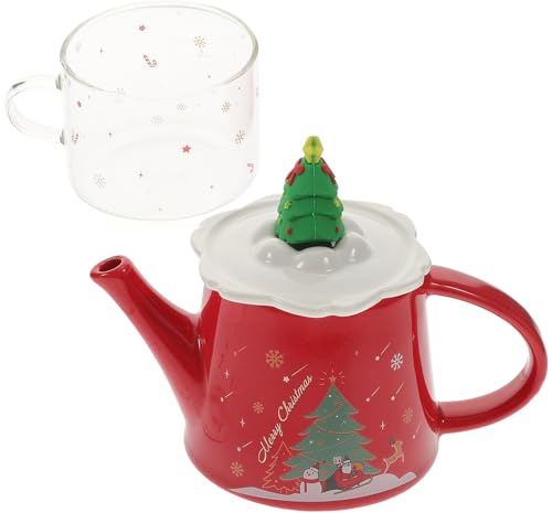 Cabilock Juego de Té Portátil de Cerámica Tetera y Taza en Rojo Navideño Tetera Pequeña para Vajilla de Té en Casa Diseño de Árbol de Navidad Adecuado para Oficina y Fiestas