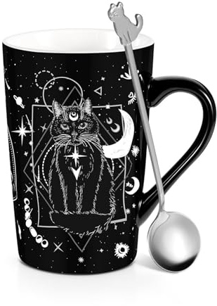 OuryTech Tasse à chat, tasse chat mug et cuillères, Mignon mug avec chat en design gothique, Tasses à café cadeau pour amateurs de chats, Cat Design
