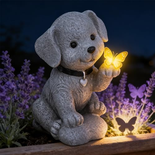 ZMCVOE Solar Figuren für Außen, Wetterfeste Hunde Statue Deko mit Schmetterling, Solar Gartenstatuen, Gartendeko Solar Hund für AußEnbereichen, GäRten und Terrassen