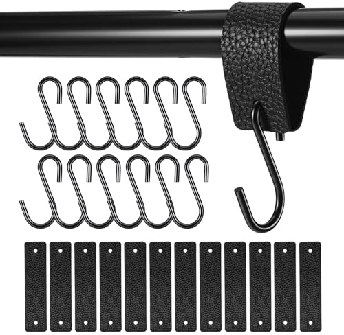 Seivunol 12 Pezzi Ganci a S Neri con Passanti in Pelle, Ganci a S Multifunzionali in Metallo con Anelli in Pelle per Appendere, Ideali per Cucina, Bagno, Camera da Letto, Balcone, Ufficio e Campeggio