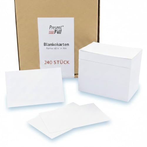 PresentFill 240 Blanko Karten zum selbstgestalten - Weiß im Scheckkartenformat als Visitenkarten, Karteikarten, Memokarten, Lernkarten, Made in Germany I 100% Recycling Kraftpapier