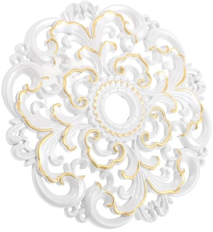DECORNIJIA Médaillon pour Ventilateur de Plafond Rond Grand en Faux Plâtre Blanc Nacré et Doré, Rosace Décorative Sculptée Classique pour Lustre, Plaque de Luminaire Vintage Style Européen,