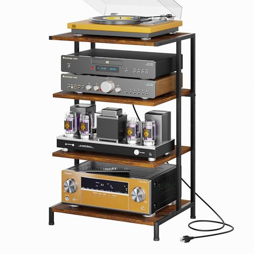 X-cosrack AV Media Stand with Power Strips,4-Tier Stereo Cabinet Audio Rack,Game Console Shelf with Adjustable Shelves,Small Entertainment Center with Larger Tabletop for PS5 Xbox TV Box DVD Players
