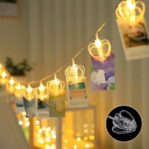 Durdiiy Photo Clip String Lights, 3M 20LED Peg Fairy Lights Indoor with 20 Clips Battery Powered Cooper Wire Hanging Display for Bedroom Birthday Wedding Party Christmas Decorations (Heart)