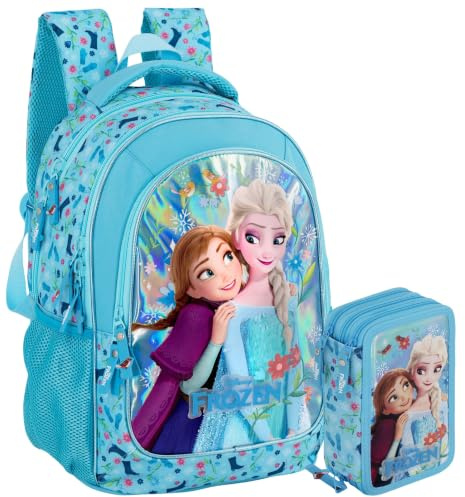 Clondo Set Scuola 2 Pezzi Per Frozen Fan Zaino Scuola Elementare Bambina 43cm Ergonomico + Astuccio 3 Scomparti Completo (46 Accessori) | School Pack Personaggi