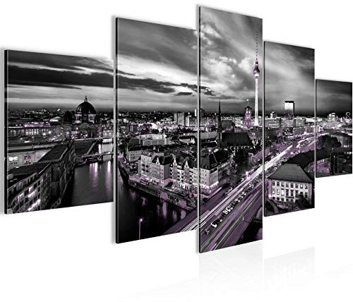 Runa Art Bild Büro Wohnzimmer Berlin Skyline 5 Teilig Skyline Schwarz Violett Wandbilder auf Vlies Leinwand 004353c