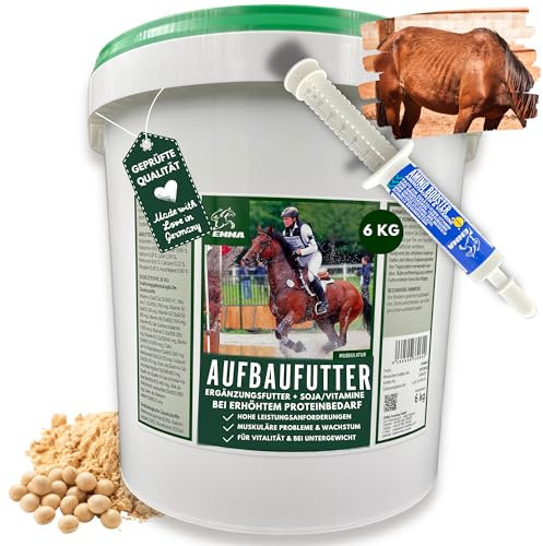 Pferd Aufbaufutter + Amino Booster 6Kg 30ml Muskelaufbau Pulver Pferde + Sojaextraktionsschrot Pferd I Vitamin E Selen Pferd, Biotin Zink I Muskel Plus - Protein Pulver Muskulatur Pferd