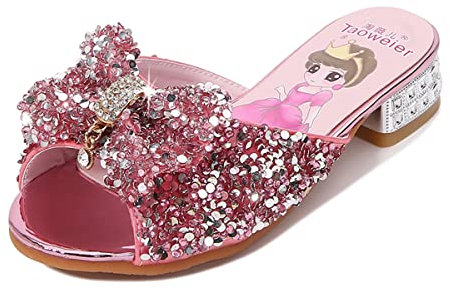 Monissy ELSA Prinzessinnenschuhe mit Absatz für Mädchen Kinder Slipper mit Pailletten Kristalle Pantoffeln für Kindergarten Geschen Geburtstagsfeiern Halloween Verkleidung Freizeit Zuhause, Rosa, 32