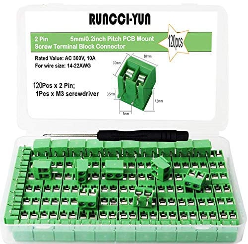 RUNCCI-YUN 120 Pezzi 5mm 2 Pin Morsettiera a Vite PCB Blu per Prototipo PCB Scheda Circuito Stampato