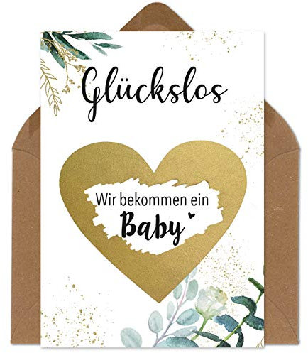 OWLBOOK Rubbelkarte Wir bekommen ein Baby Karte mit Rubbelherz Gold Geschenke Geschenkideen für die Familie zum Schwangerschaft verkünden