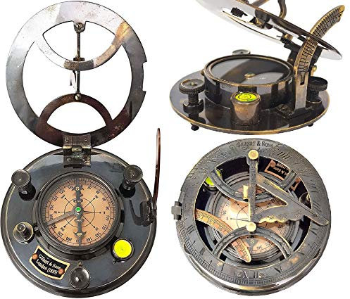 Engraved Kompass mit Sonnenuhr, Messing, personalisierbar, 12,7 cm, großer Sonnenuhr-Kompass in Lederetui, hochwertiges kalibriertes Vintage-Geschenk