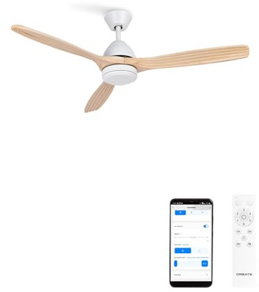 CREATE / WINDCUP/Ventilador techo blanco aspas madera natural Wifi y mando/Función verano-invierno, 6 velocidades, programable 1 a 4h, 2 alturas, 40W, Ø132 cm