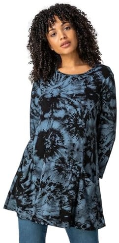 Roman Originals Swing Top with Pockets for Women UK Ladies Hanky Hem Asymmetric Tunic Blouse Longline Long Stretch Jersey Casual Round NeckTee Shirt T-Shirt - Blue - Size 18