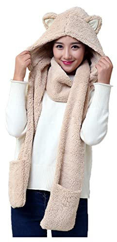 BIKETAFUWY 3 in 1 Mütze Schal Handschuhe Sets für Damen Nette dicke Hut-Ohr-Protektoren warme Plüsch-Hut-Schalhandschuhe Set Fleecemütze Touchscreen-Handschuhe