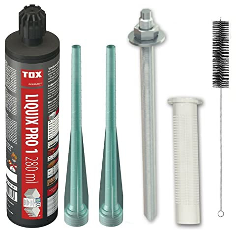 TOX Schwerlastbefestigungs 2K Injektionsmörtel Set 4 Stück M10x130 Stix Ankerstange verzinkt + 4 Stück Siebhülse + 1 Stück Montagemörtel mit Statikmischer + BTG Bürste