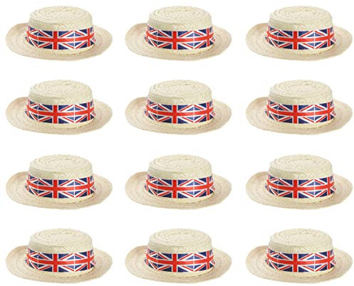Chapeau de bateau avec bande Union Jack - Excellent chapeau de paille britannique - Pour les fêtes britanniques et le meilleur des déguisements britanniques