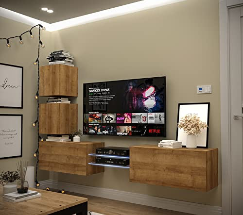 Furnitech Wohnwand Wohnzimmer | Wohnzimmer Möbel mit LED Weiß | Hängend Wohnwand Modern | Wohnzimmer Schrankwand mit Regale und TV Schrank (AN100-21DZ-M6-1A)