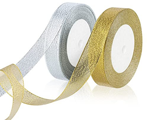 OWill 2 Rollen Geschenkband Weihnachten,20mm x 44m,Satinband gold & silber,schleifenband Weihnachten,Transparente chiffonbänder weihnachtsbänder für geschenkverpackungen,Weihnachtsbaum,Schleifen