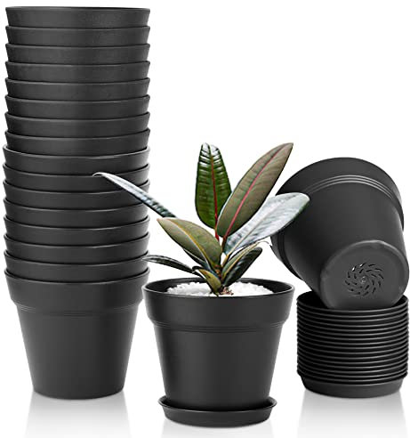 T4U Vaso da Fiori in Plastica da 10 cm con Sottovaso, Set da 18 Vasi per Piante, Vaso per Erbe con Fori di Drenaggio Multipli, Vaso da Fiori per Esterni, Vasi per Piante, Vaso per Piante Rotondo, Nero