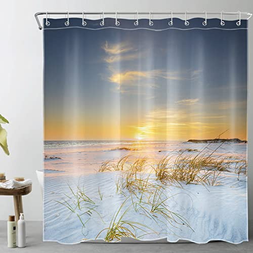 LB Tropischer Strand Duschvorhang 180x200cm Pflanze weißem Sand Sonnenuntergang Antischimmel Wasserdicht Badezimmer Vorhänge, Küstenlandschaft Meer Extra Lange Polyester Stoff Bad Vorhang mit Haken