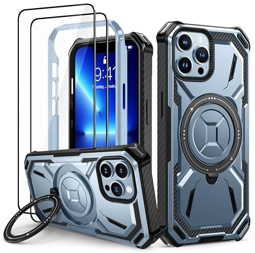 Lanhiem für iPhone 13 Pro Hülle, 360° Ring Ständer, Stoßfest Armor, Blau | mit 2 Stück Schutzfolie, Robust Bumper Schutzhülle, Militärischer Panzerhülle, Kratzfest Handyhülle für iPhone 13 Pro Case