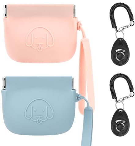 FIDWALL Pochette en Silicone Pour Friandises Pour Chien,Fermeture Automatique,Avec Clickers de Dressage Pour Chiens,Marche Pour Chien et Chat,Format de Poche (bleu et rose)