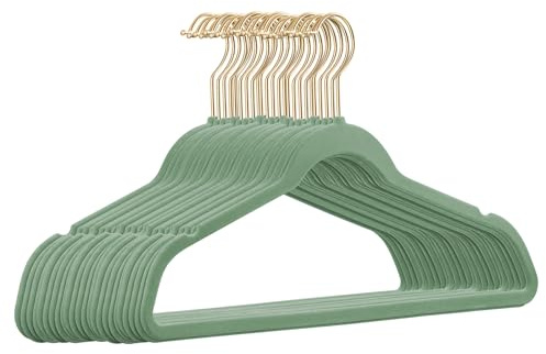25er Set hochwertige Samt Kleiderbügel in der Farbe Salbeigrün mit Gold Look Haken/Anti-Rutsch/von StickandShine