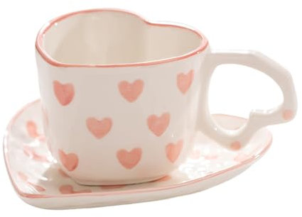 WAIT FLY Heart Shaped Ceramic Coffee Mug Set with Saucer, Tea Cup, Breakfast Cup, Dessert Plate-Pink-8 OZ