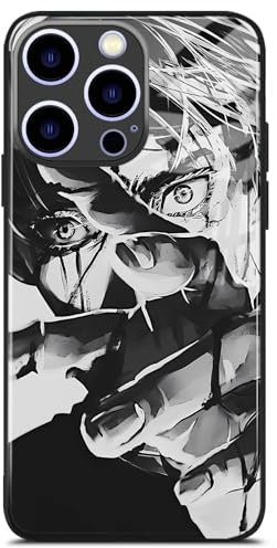 HWLHJJ Gojo Satoru JJK Anime-Schutzhülle aus gehärtetem Glas, japanische Anime-Rolle, stoßfeste Abdeckung, wasserdichte TPU-Glas-Telefonhülle für iPhone 15