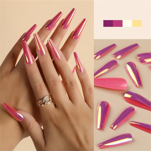 Ruarby Faux ongles fluorescents en forme de cercueil - Faux ongles longs ballerines - Couvrance complète - Faux ongles à presser - Faux ongles longs - Couvrance complète