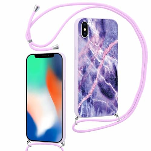 ZhuoFan Handykette für iPhone XS/iPhone X Hülle mit Band, Aesthetic Lila Marmor Muster Verstellbarer Halskette Handyhülle mit Kordel zum umhängen Silikon Stoßfest Schutzhülle mit Kette, 16