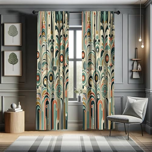 ABAKUHAUS Moderno Astratto Tenda a Pannello Set di 2, Foglie Arte scandinavo, Trattamento della Finestra per Stanza e Camera da Letto, 150 cm x 175 cm, Blu Cadetto Rosso Cannella Beige