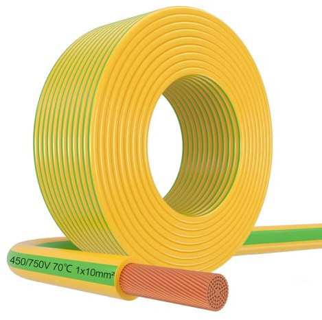 LightingWill Cavo di messa a terra, 20 metri, 1 x 10 mm², 10 mm2, cavo elettrico di terra, in PVC verde, giallo, flessibile, per applicazioni di messa a terra e installazioni elettriche