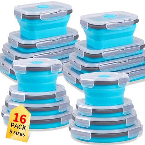 Annaklin Collapsible Food Storage Containers with Lid & Air Vent, 16 Pack, 8 Rectangular + 8 Round, Foldable Silicone Lunch Containers Collapsible Bowls Set, Microwave Freezer Dishwasher Safe, Blue