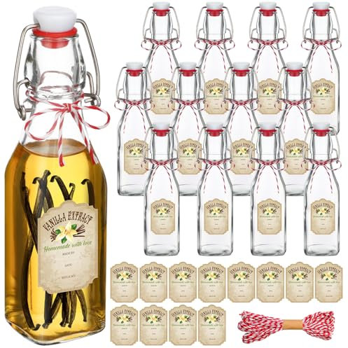 Uiifan 12 Pcs 8 oz Swing Top Clear Square Glass Bottles for Vanilla Extract with Caps and Cotton Twines Label Flip Top Glass Beer Bottle for Home Vanilla Brew Oil Vinaigrettes Beer Tea Supply