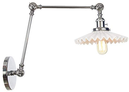 UIOPPOI Wall Lamps with ON/Off Switch, Adjustable Swing Arm Steering Head Vintage Lighting, Chrome Metal White Ceramic Shade Wall Sconces,2 Arm