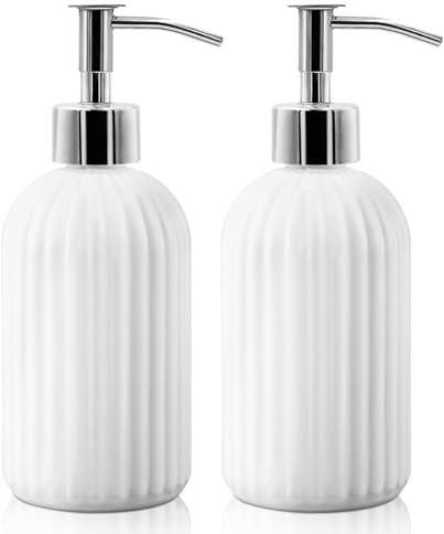 2 Pack Glass Soap Dispenser Bottle with Pump, 14 Oz Refillable Liquid Hand Jar Dispenser for Bathroom, Countertop, Kitchen, Laundry Room (White)