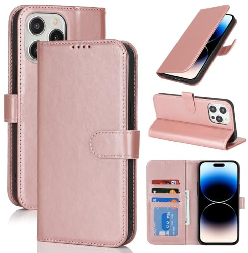 Zouzt Case for iPhone 14 Pro Max (6.7 Inch), Premium PU Leather Wallet Case with Credit Card Holder Slot Flip Folio Kickstand Shockproof Protective Phone Cover (Rose Gold)