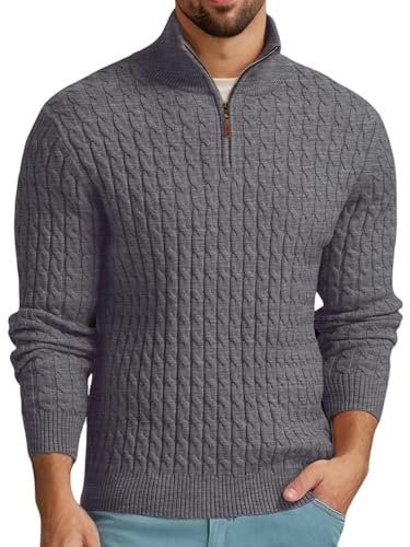 QIXING Men's Cable Knit Jumper Quarter Zip Mock Neck Cable Pattern Sweater Soft Casual Tops with Ribbed Edges (Dark Gray, XXL)