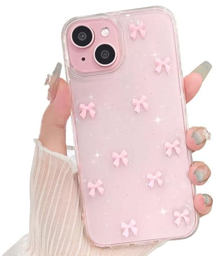 NITITOP Compatible with iPhone 13/14 / 15 Case Clear Cute Sparkly 3D Bow Bling Glitter Bowknot for Women Girls Ultra Slim Anti-Yellow Protective Phone Cover - Pink Bow