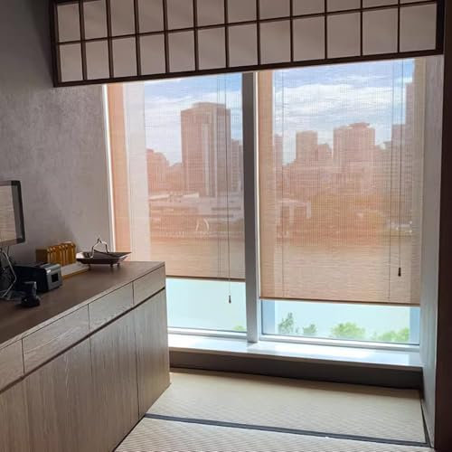 kefu01 Sichtschutz Verdunkelungsrollo,Lichtfilter Rollläden,Atmungsaktive Bambusrollo,UV-Schutz Bambusjalousien,Sonnenschutz Bambus Raffrollo,für Innenhof/Balkon/Pavillon (W65xH120cm/W26 xH47)