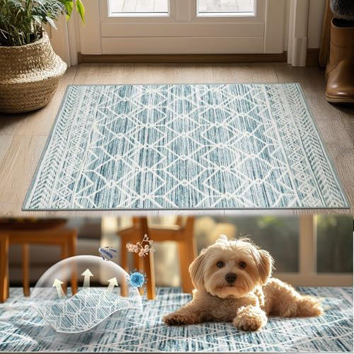 TOPICK Teppich Waschbar Boho Eingangsbereich Marokkanischer Niedrigfloriger Geometrischer Fleckenabweisend, rutschfest Ultradünner für Küche Schlafzimmer Bauernhaus Badezimmer Tür 90x150(cm) Blau