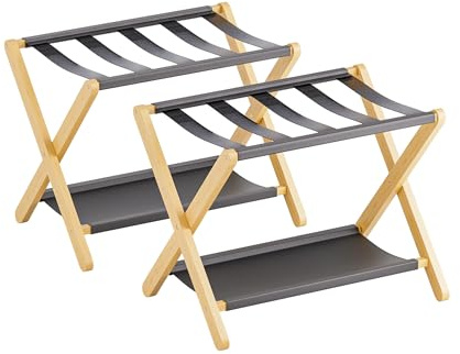 vovala Portapacchi, set di 2, portavaligie pieghevole con ripiano, portabagagli in bambù premium per camera degli ospiti, camera da letto, hotel, armadio, può contenere fino a 61 kg (Naturale)