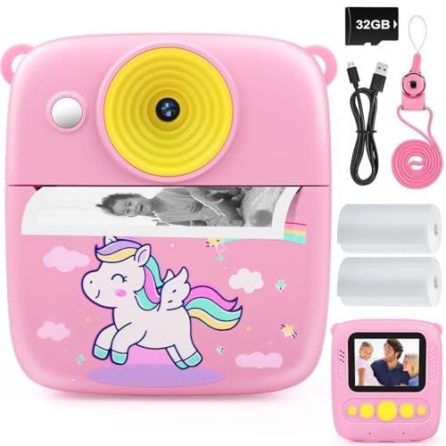 Dhapy Photo Instantané Enfant, 48 MP Appareil Photo Enfant avec Papier d'impression Et Carte TF 32 Go, 1080P Appareil Photo Enfant Instantanée, Cadeau pour Garçons Et Filles De 3 4 5 6 7 8 9 Ans Rose
