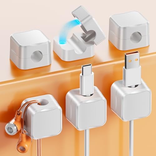 NEUTYPECHIC 6 Pack Clips Câble Organisateur Bureau, Organisateur de Cable Magnétique, Cable Management avec Auto-Adhésifs pour Bureau, Table de Nuit, Câbles de Chargement, HDMI, USB, Audio (Blanc)