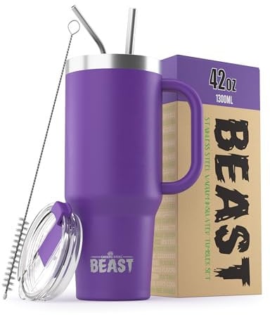 Beast Tumbler - 1300 ml (42 oz), Deep Purple | Reusable Stainless Steel, Vacuum Insulated Cup | with + 2 Straws & Cleaning Brush | Double Wall Travel Flask Perfect for Hot or Iced Coffee | BPA Free