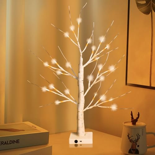 LED-Birke mit Lichtern,Birke Lichterbaum Innen mit 24 Warmweißer LEDs Licht,Batteriebetrieben/USB-betrieben,Tischdekoration,LED-Zweig,Bonsai-Baum für Zuhause,Party,Weihnachten,Osterdeko(60cm/2ft)
